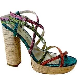 Lulu Townsend multicolored snake skin print straps with jute heel